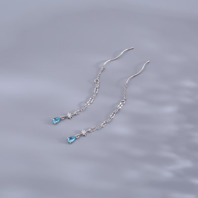 新款925纯银蓝色水滴耳线女超仙气质波浪网红星星耳坠会动的耳环