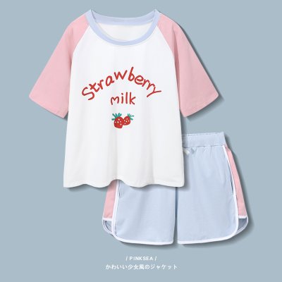 纯棉睡衣女夏季薄款短袖两件套可爱清新草莓学生居家服睡衣可外穿