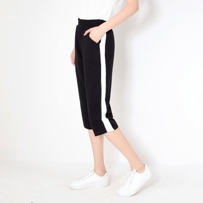 特价清仓纯棉运动裤女夏休闲松紧腰薄款带杠直筒裤跑步马裤七分裤