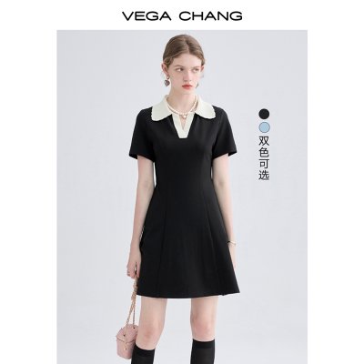 VEGA CHANG高级感连衣裙女夏装小个子POLO领英伦风显瘦通勤小黑裙