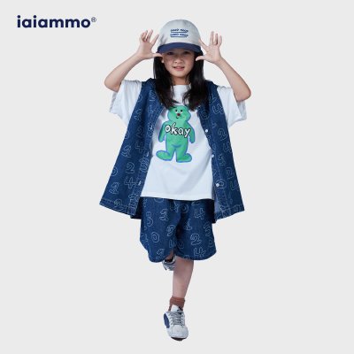 iaiammo原创设计童装夏季数字满印洋气蓝色牛仔短裤 前后双穿马甲
