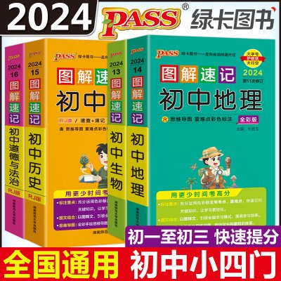 现货 PASS绿卡2024版图解速记初中地理+生物全彩版政治历史知识点汇总速查速记背记手册七八九年级初一二三中考备考思维导图口袋书