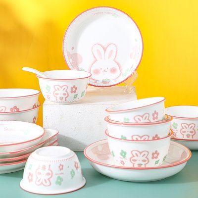 2-4人碗碟套装家用陶瓷餐具创意个性粉萌兔碗盘情侣套装碗筷组合