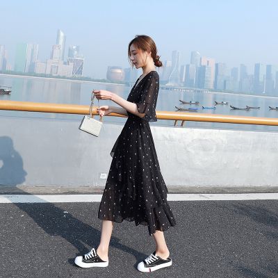 小个子波点黑色碎花雪纺连衣裙女夏季2023新款显瘦气质a字蛋糕裙