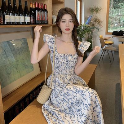 SXJ2023夏季法式温柔风绑带一字领碎花高腰开衩显瘦茶歇裙