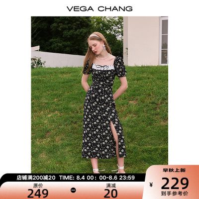 VEGA CHANG黑色碎花连衣裙夏2023新款女装法式小众开叉茶歇裙子