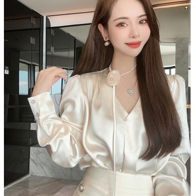 董小姐高端定制衬衫女春装2023年新款设计感小众法式醋酸缎面上衣