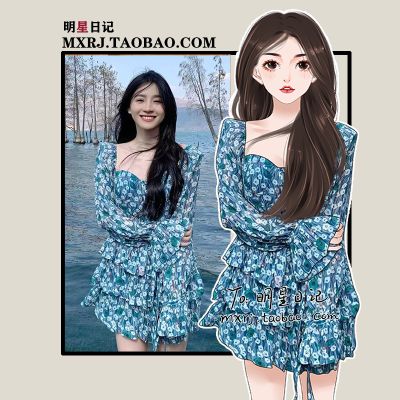自留款蓝色雪纺碎花连衣裙女新款法式高级性感海边度假公主裙2023