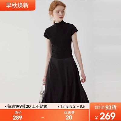 范洛2023夏季新款黑色高级小众半高领T恤拼接缎面光泽感连衣裙女