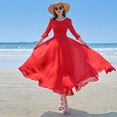 2023新款连衣裙夏天红色雪纺气质收腰显瘦高端大摆沙滩裙海边度假