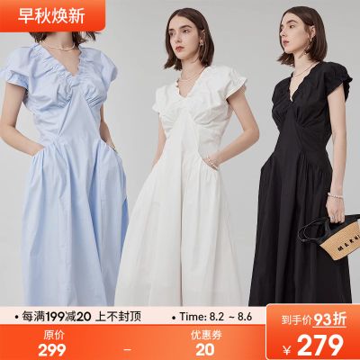 范洛2023夏季新款法式V领泡泡袖褶皱插袋设计感收腰显瘦连衣裙女