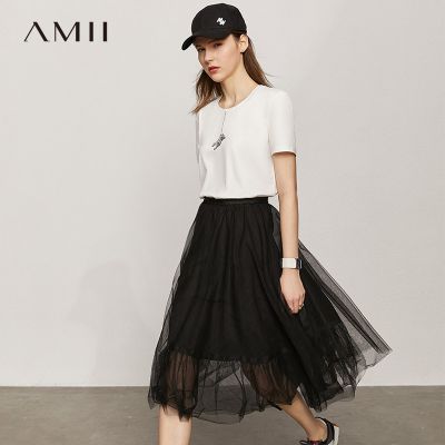Amii2023春装新款休闲百搭圆领短袖白色T恤女冰瓷棉小熊绣花上衣