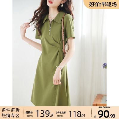 沫晗依美Polo领绿色连衣裙2023夏设计感小众高腰显瘦A字褶皱裙女