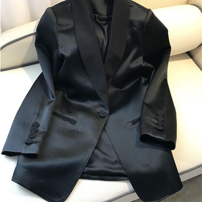 三醋酸小西装外套女2023春夏新款休闲黑色复古高级感缎面西服上衣