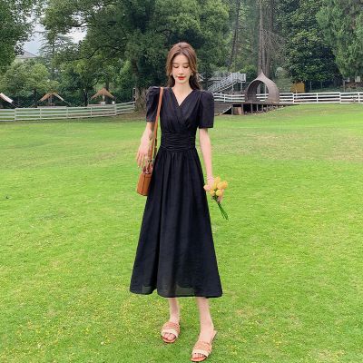 法式黑色雪纺连衣裙女夏季2023新款收腰显瘦气质a字裙子小黑裙