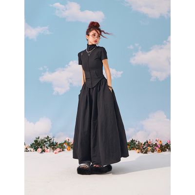 野生zerocircle 黑灰白绿色松紧腰半身长裙女夏a字宽松显瘦伞裙子
