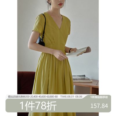 【限时78折】原棉暗格连衣裙女夏2023法式复古v领高腰显瘦中长裙