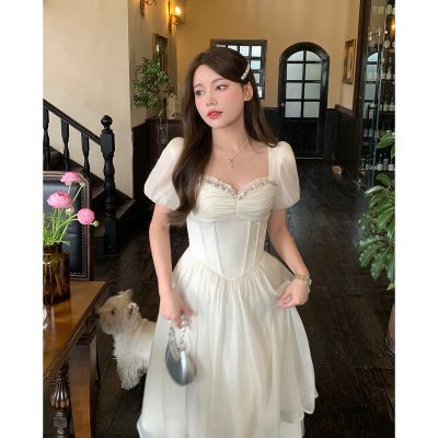 DALU“重工生日裙”杏色钉珠轻盈感仙女裙夏中长款雪纺a字连衣裙