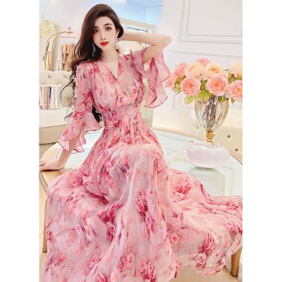飞姐定制甜美气质碎花雪纺连衣裙2023年夏季新款女修身显瘦大摆裙