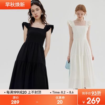 范洛2023夏季新款荷叶边方领吊带连衣裙女赫本风显瘦A字裙小黑裙
