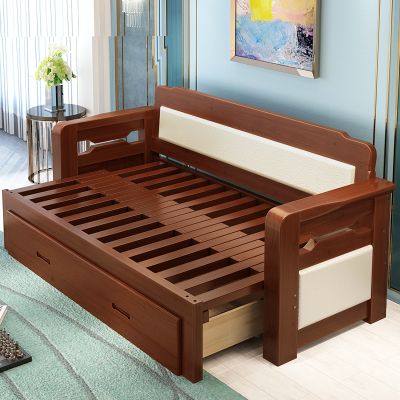 实木沙发床可折叠小户型双人坐卧推拉客厅多功能1.5米伸缩床两用